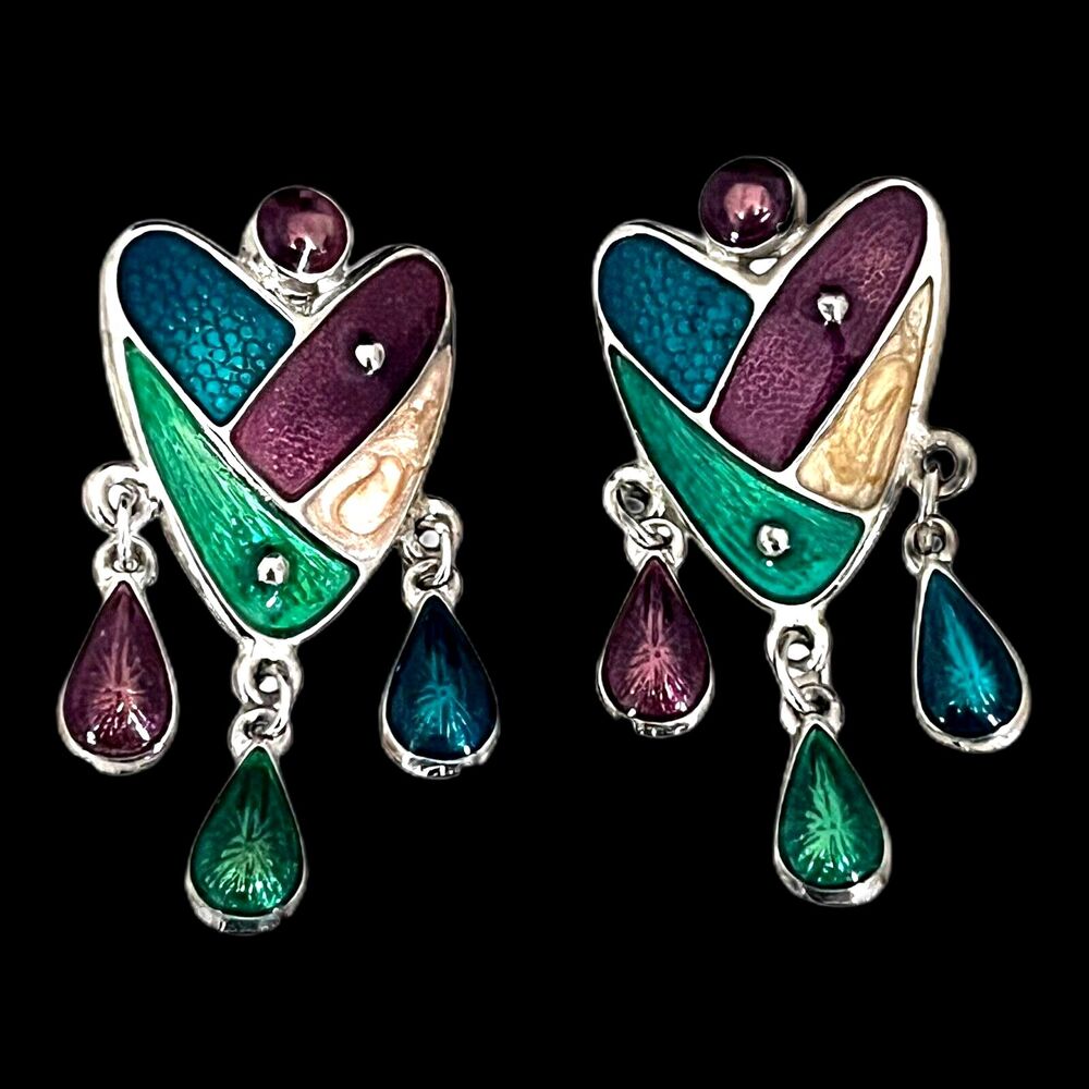 Vintage 1980s Enamel Earrings Dangle Silver Tone Pierced Statement - 13O
